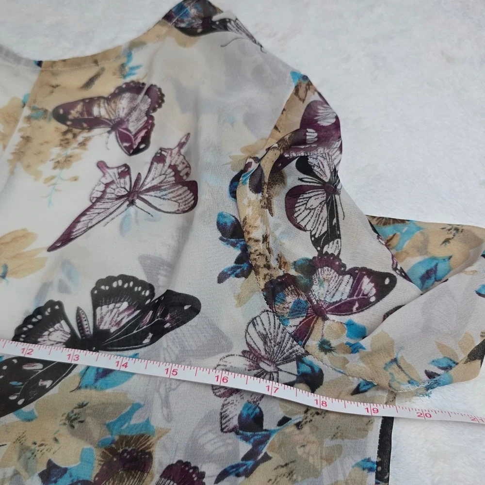 Butterfly Floral Sheer Kimono Duster Swimsuit Cover Up High Low Hem Medium